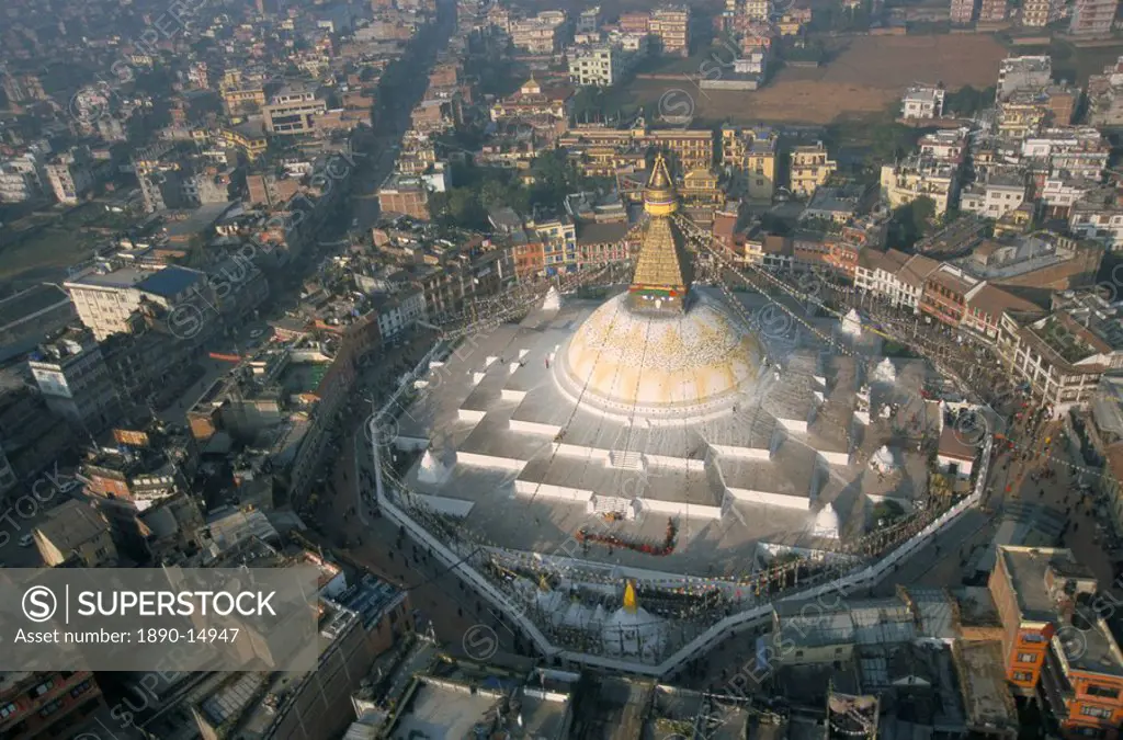 Aerial view of Boudhanath stupa, Kathmandu, Nepal, Asia