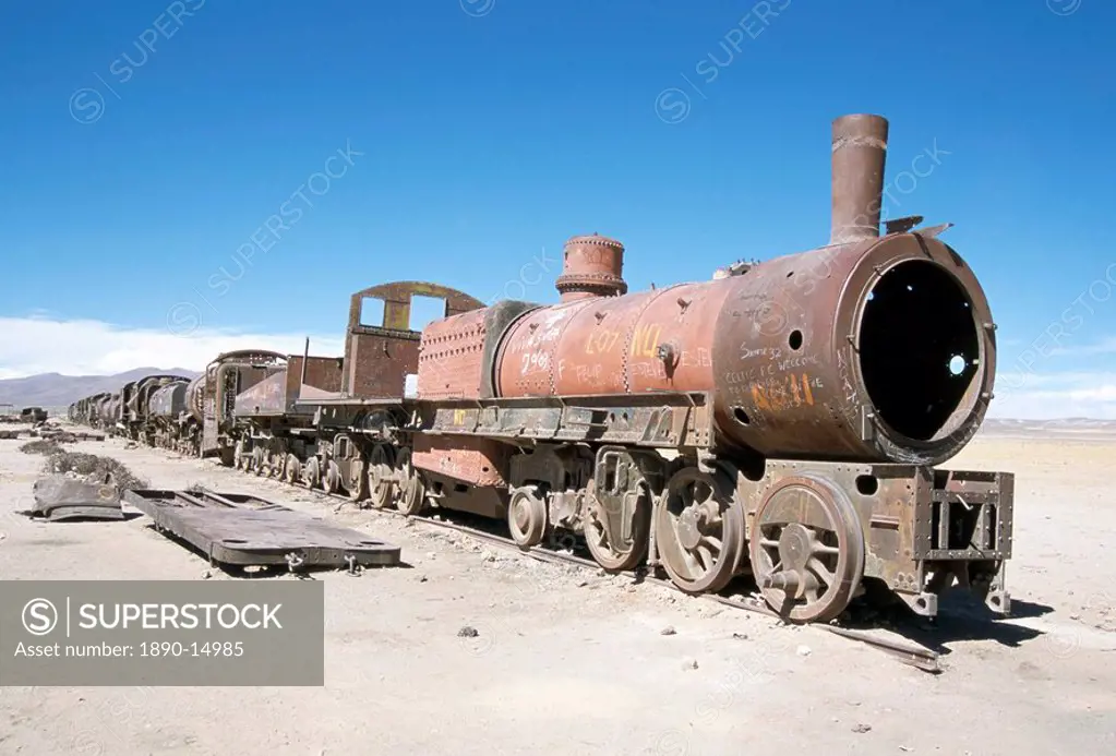 Cementerio de Trenes, steam engine relics in desert, Uyuni, Southwest Highlands, Bolivia, South America