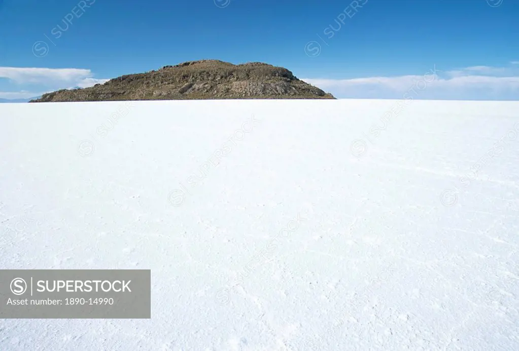 Isla de los Pescadores in centre, salt flats, Salar de Uyuni, Southwest Highlands, Bolivia, South America
