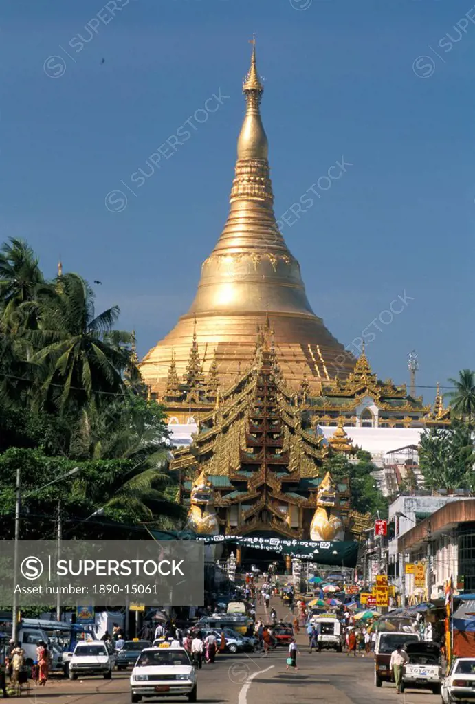 Shwedagon Paya Pagoda, Buddhist temple seen from Yangon road, Yangon Rangoon, Myanmar Burma, Asia