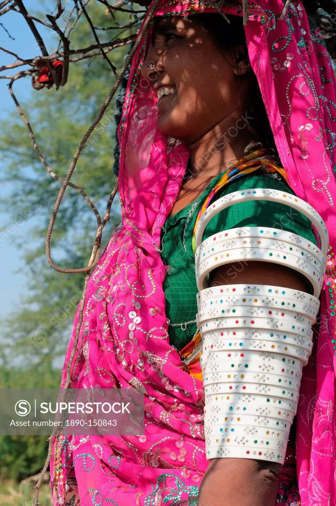Mir tribal woman with her traditional artificial ivory bangles, Gujarat, India, Asia