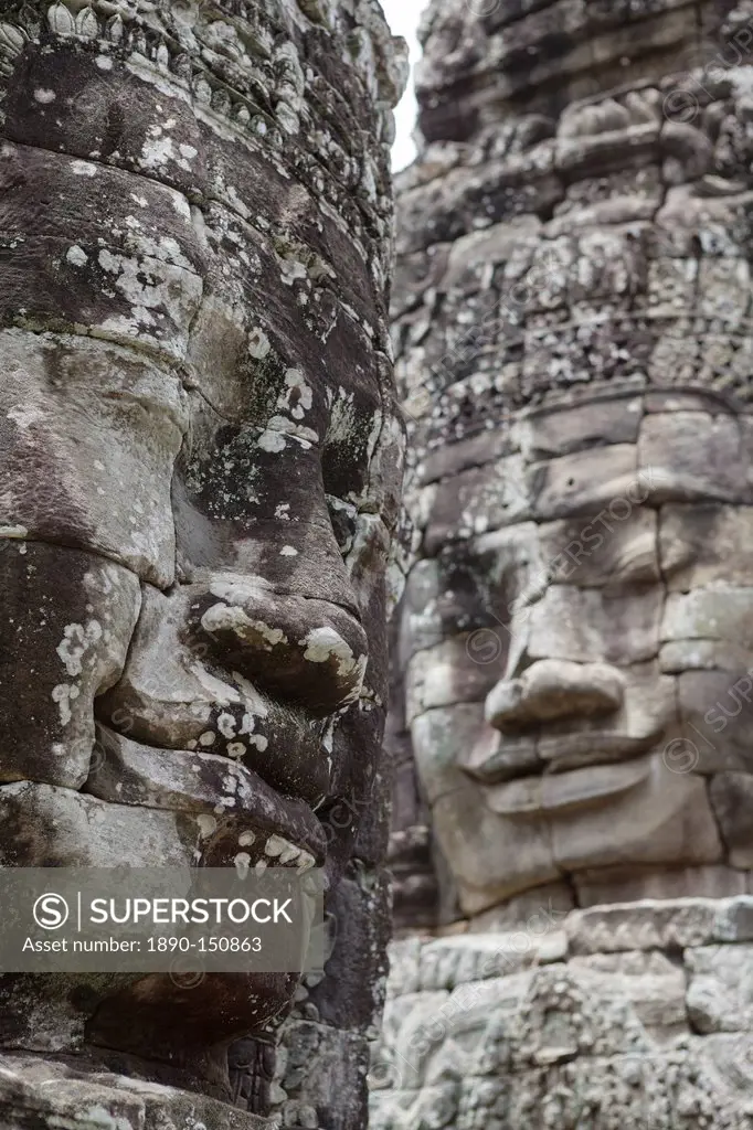 Smiling faces carved in stone, Bayon, Angkor, UNESCO World Heritage Site, Siem Reap, Cambodia, Indochina, Southeast Asia, Asia