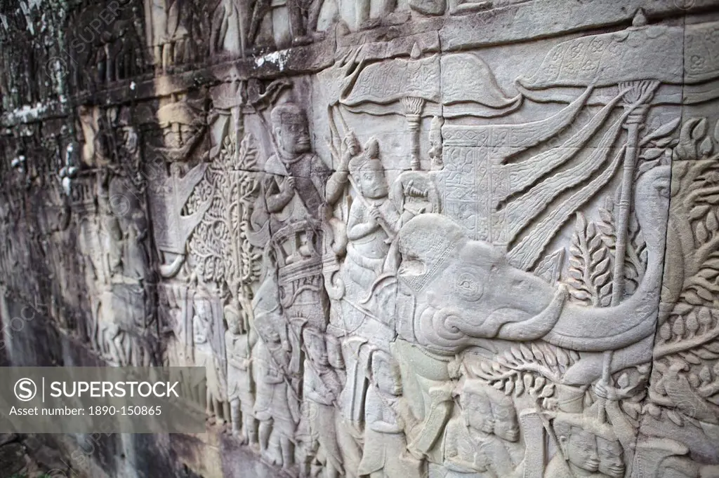 Carvings in stone depicting a king riding an elephant, Angkor Wat, UNESCO World Heritage Site, Siem Reap, Cambodia, Indochina, Southeast Asia, Asia