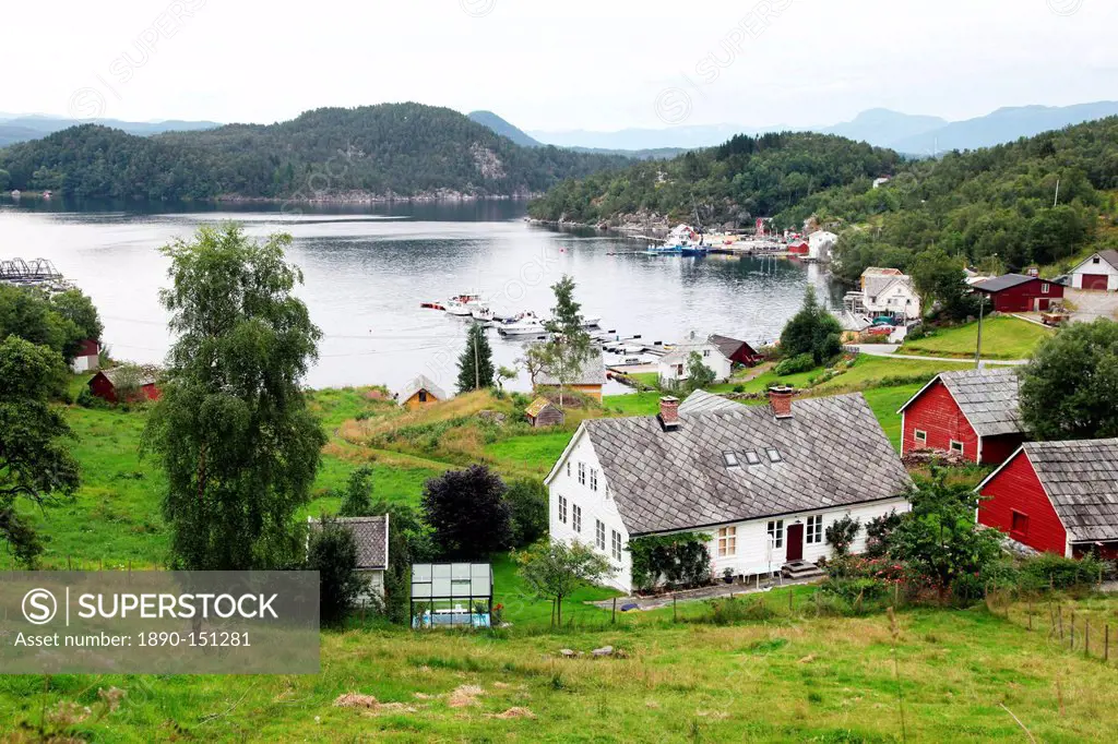 Harbour and farmhouses on Island of Borgundoya, Hardangerfjord, Norway, Scandinavia, Europe