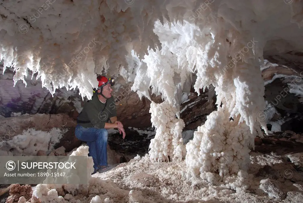 Salt stalactites and stalagmites, in cave in Namakdan salt dome, Qeshm Island, southern Iran, Middle East