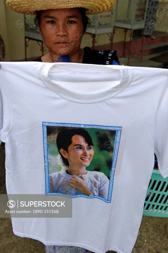 T_shirt decorated with the portrait of Aung San Suu Kyi, Burmese opposition politician and chairperson of the National League for Democracy, awarded t...