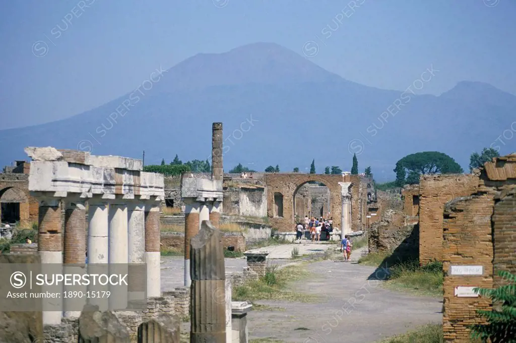 Vesuvius volcano from ruins of Forum buildings in Roman town, Pompeii, Campania, Italy, Europe