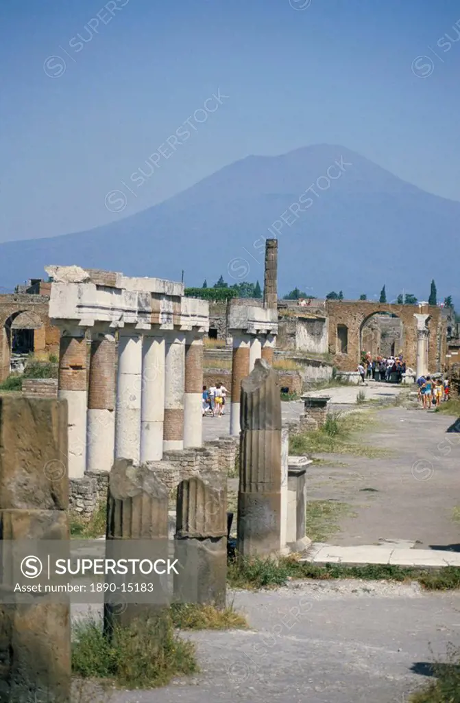 Vesuvius volcano from ruins of Forum buildings in Roman town, Pompeii, Campania, Italy, Europe