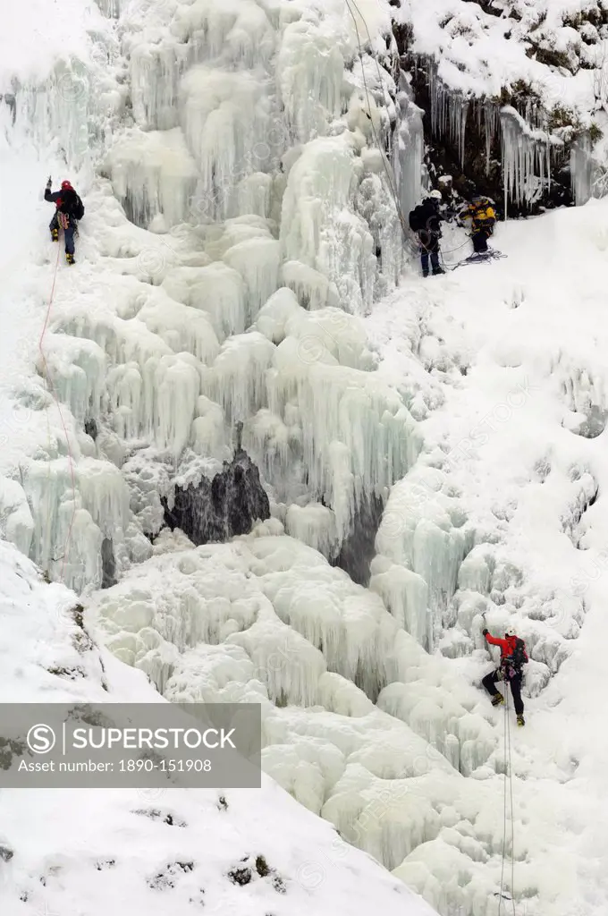 Ice climbing on Grey Mare´s Tail Waterfall, Moffat Hills, Moffat Dale, Dumfries and Galloway, Scotland, United Kingdom, Europe