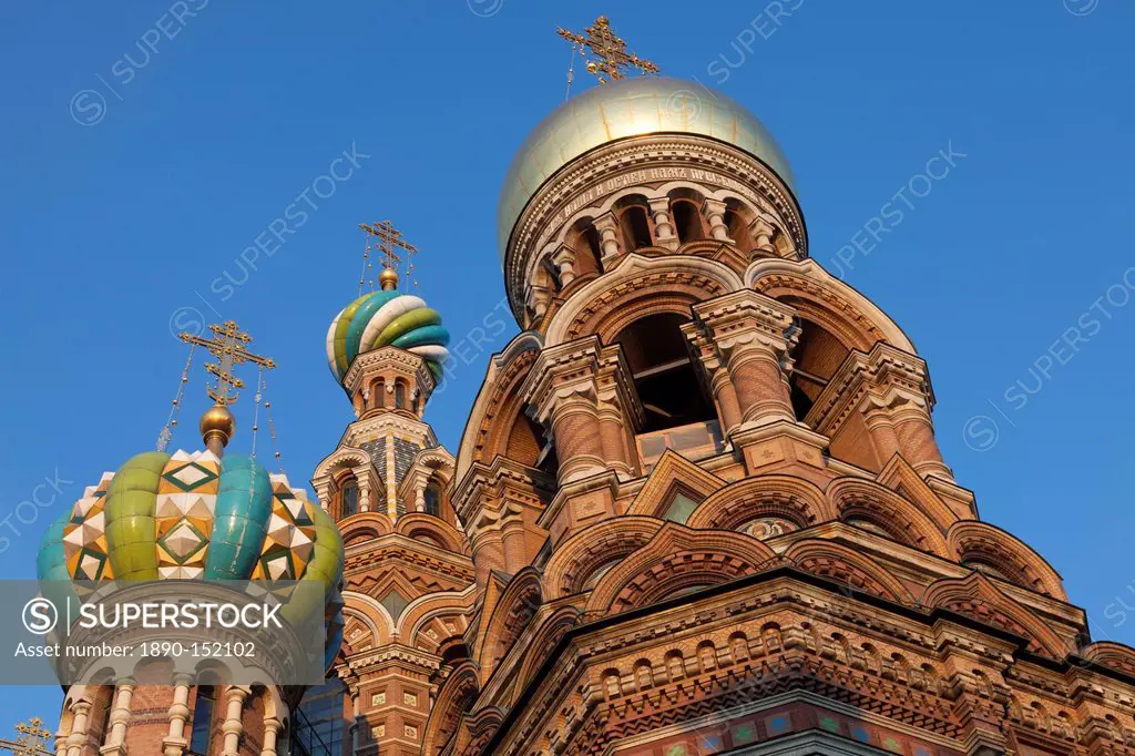 Looking up at the domes of the Church on Spilled Blood, UNESCO World Heritage Site, St. Petersburg, Russia, Europe