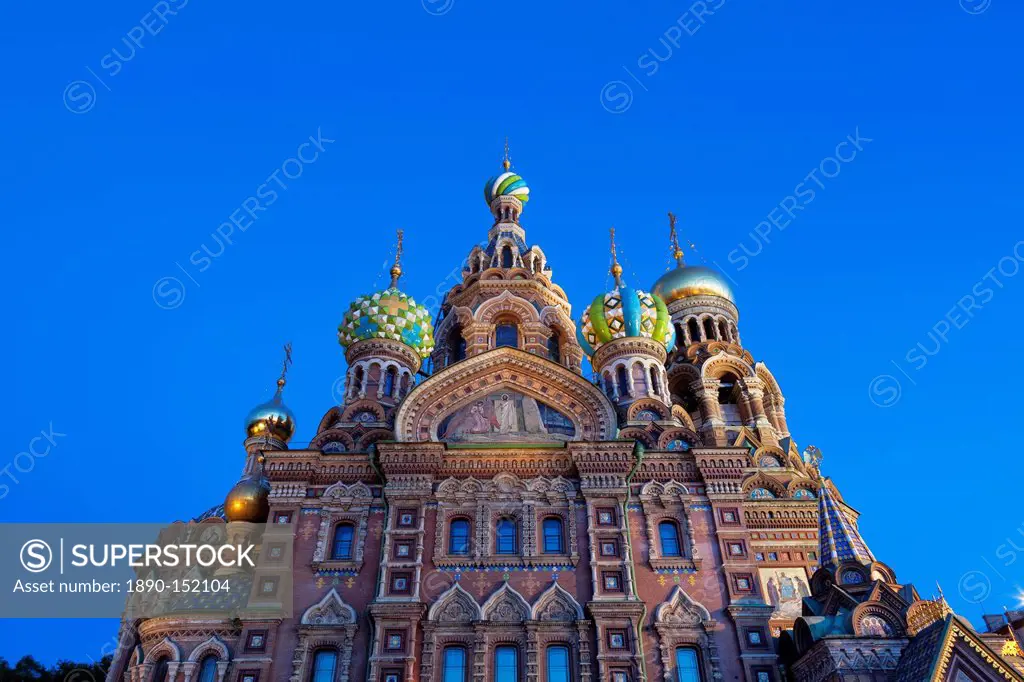 The Church on Spilled Blood illuminated at dusk, UNESCO World Heritage Site, St. Petersburg, Russia, Europe