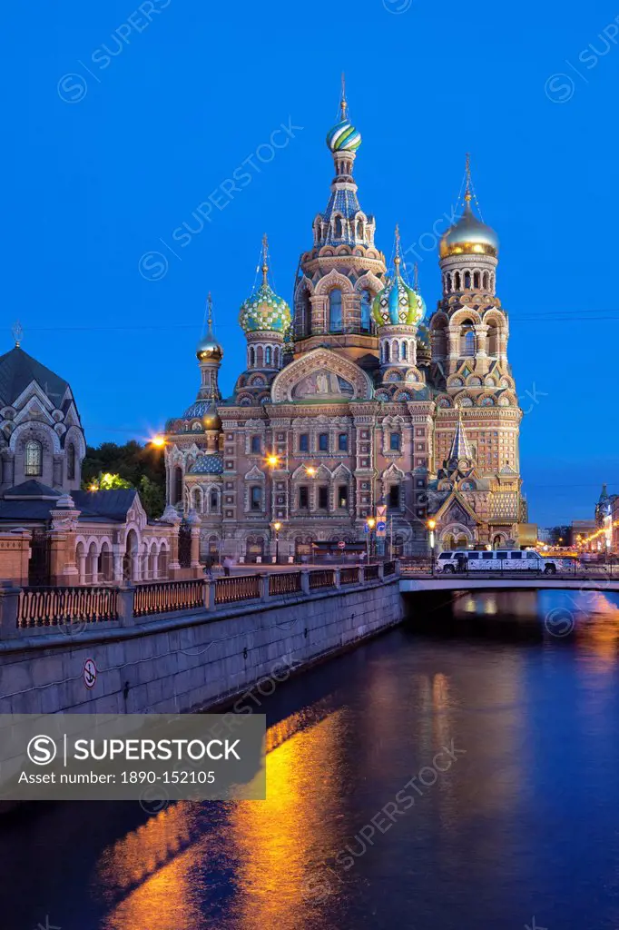 The Church on Spilled Blood, UNESCO World Heritage Site, on the Kanal Griboedova, illuminated at dusk, St. Petersburg, Russia, Europe