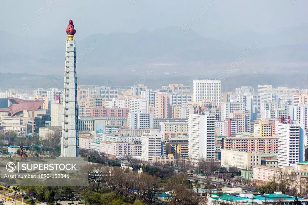 City skyline and the Juche Tower, Pyongyang, Democratic People´s Republic of Korea DPRK, North Korea, Asia