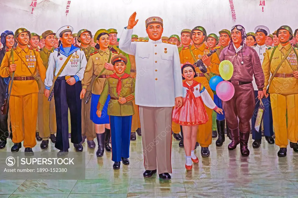 Wall mural of Kim Il Sung, Victorious Fatherland Liberation War Museum, Pyongyang, Democratic People´s Republic of Korea DPRK, North Korea, Asia