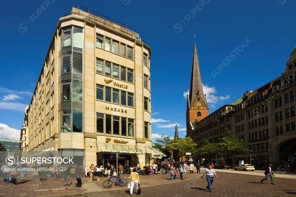View from Rathausmarkt to the block between Hermannstrasse and Moenckebergstrasse, with St. Peter´s Cathedral beyond, Hamburg, Germany, Europe