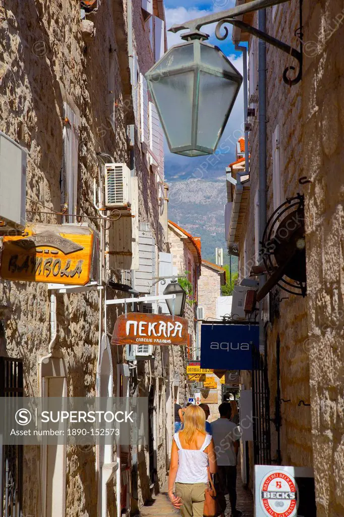 Narrow street, Old Town, Budva, Montenegro, Europe