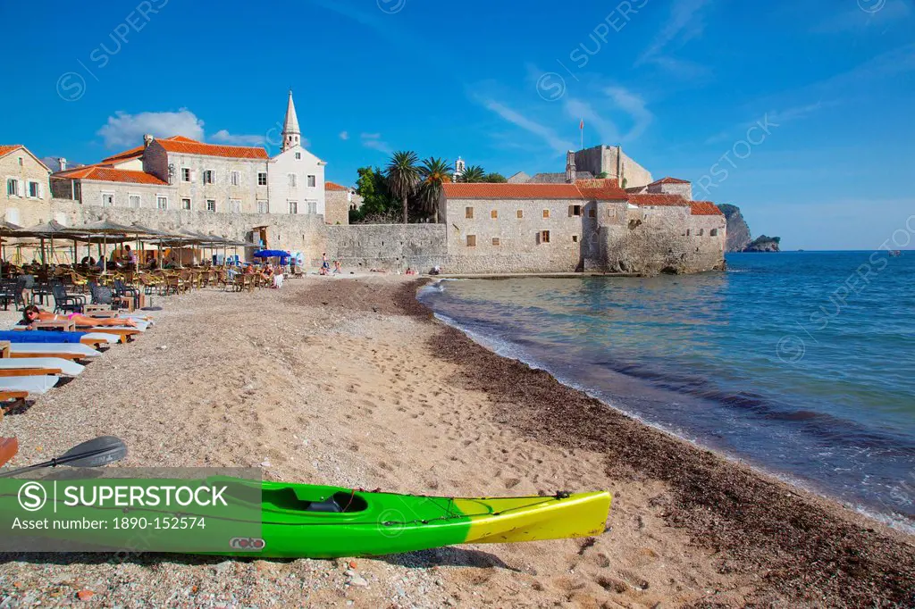 View of Old Town and beach, Budva, Montenegro, Europe