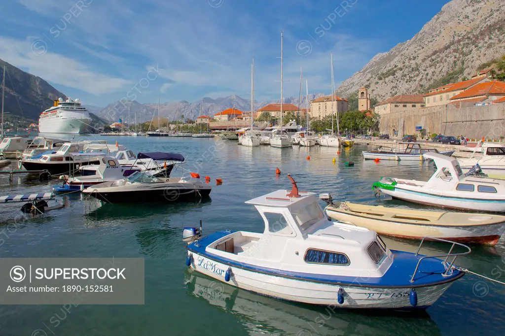 Harbour and cruise ship, Old Town, Kotor, Montenegro, Europe