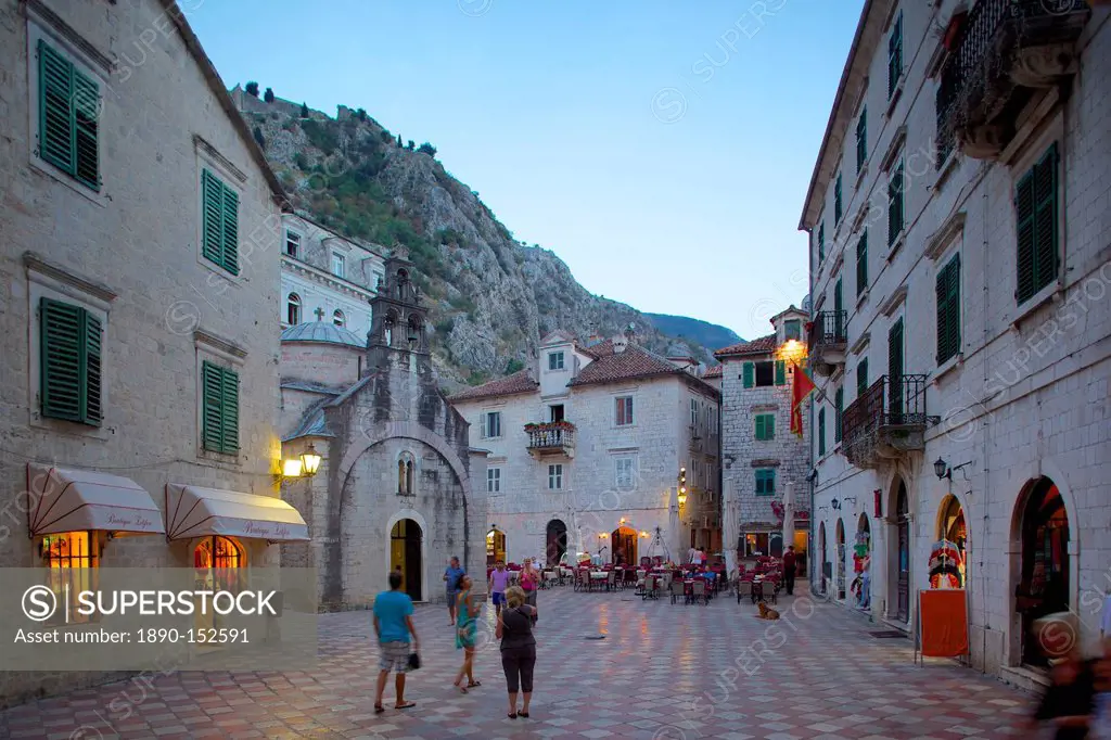 St. Lukes Church and Fortress at dusk, Old Town, UNESCO World Heritage Site, Kotor, Montenegro, Europe