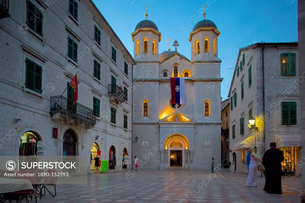 St. Nicholas Serbian Orthodox Church at dusk, Old Town, UNESCO World Heritage Site, Kotor, Montenegro, Europe