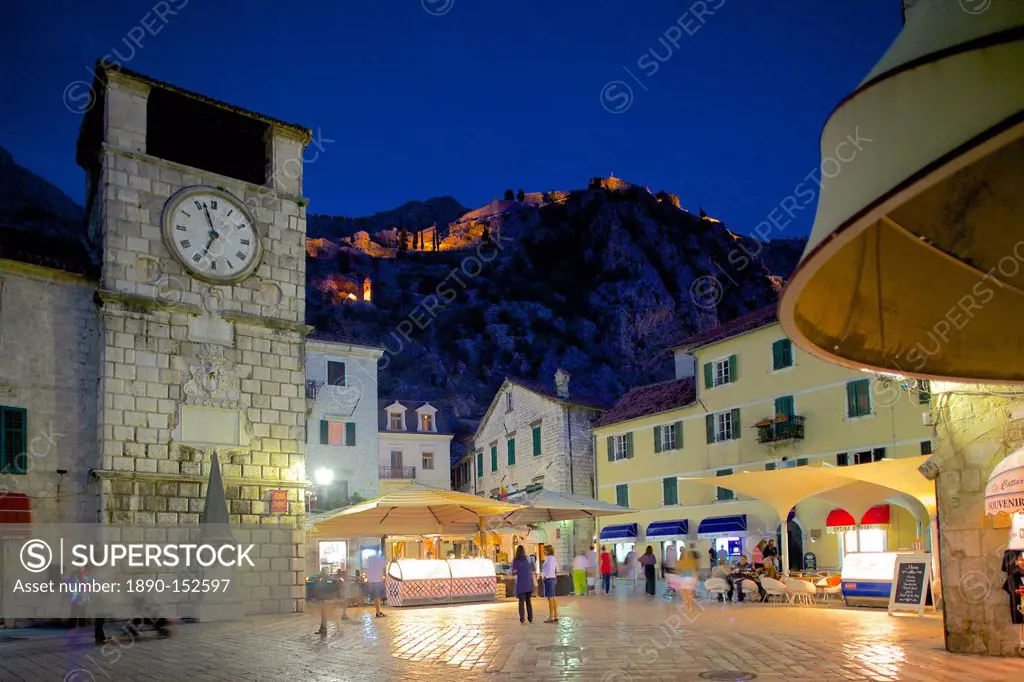 Old Town Clock Tower and Fort at dusk, Old Town, UNESCO World Heritage Site, Kotor, Montenegro, Europe
