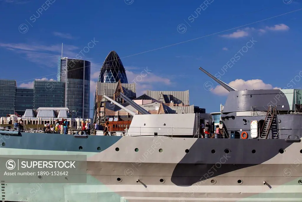 HMS Belfast WW2 battleship now a floating museum, is moored on the River Thames near London Bridge, London, England, United Kingdom, Europe