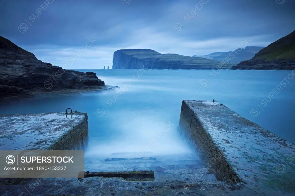 View towards Risin og Kellingin from Tjornuvik, Isle of Streymoy, Faroe Islands, Denmark, Europe