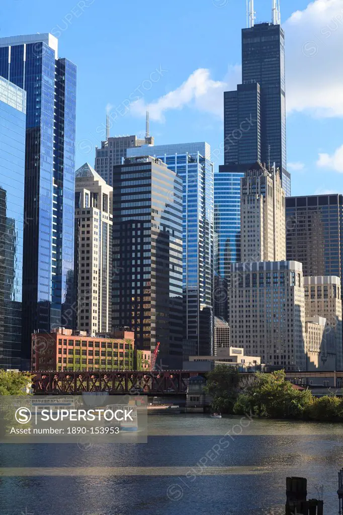 Skyscrapers including Willis Tower, formerly the Sears Tower, in Downtown Chicago by the Chicago River, Chicago, Illinois, United States of America, N...