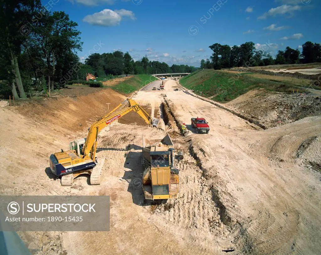 Earthmover and other machinery used in the construction of a new road, in the United Kingdom, Europe