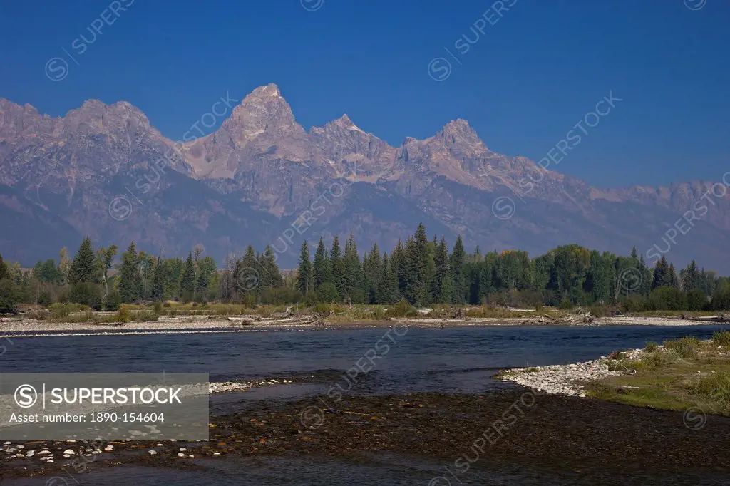Snake River and Grand Teton Cathedral Group from Blacktail Ponds area, Grand Teton National Park, Wyoming, United States of America, North America