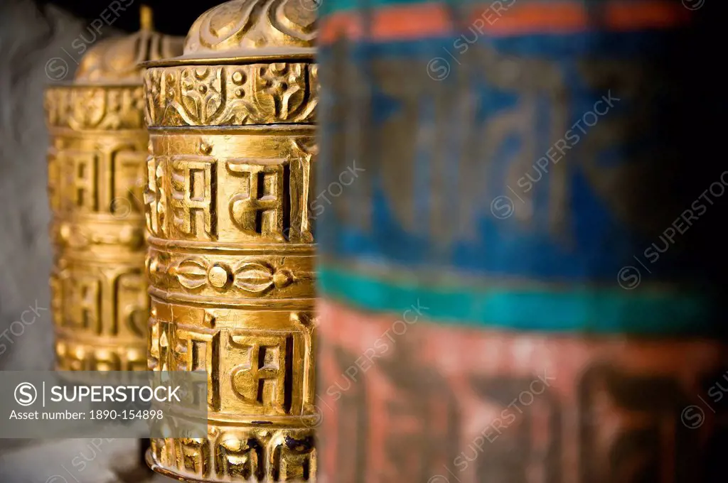 Buddhist prayer wheels, Namche Gompa Monastery, Namche Bazaar, Solu Khumbu Region, Nepal, Asia