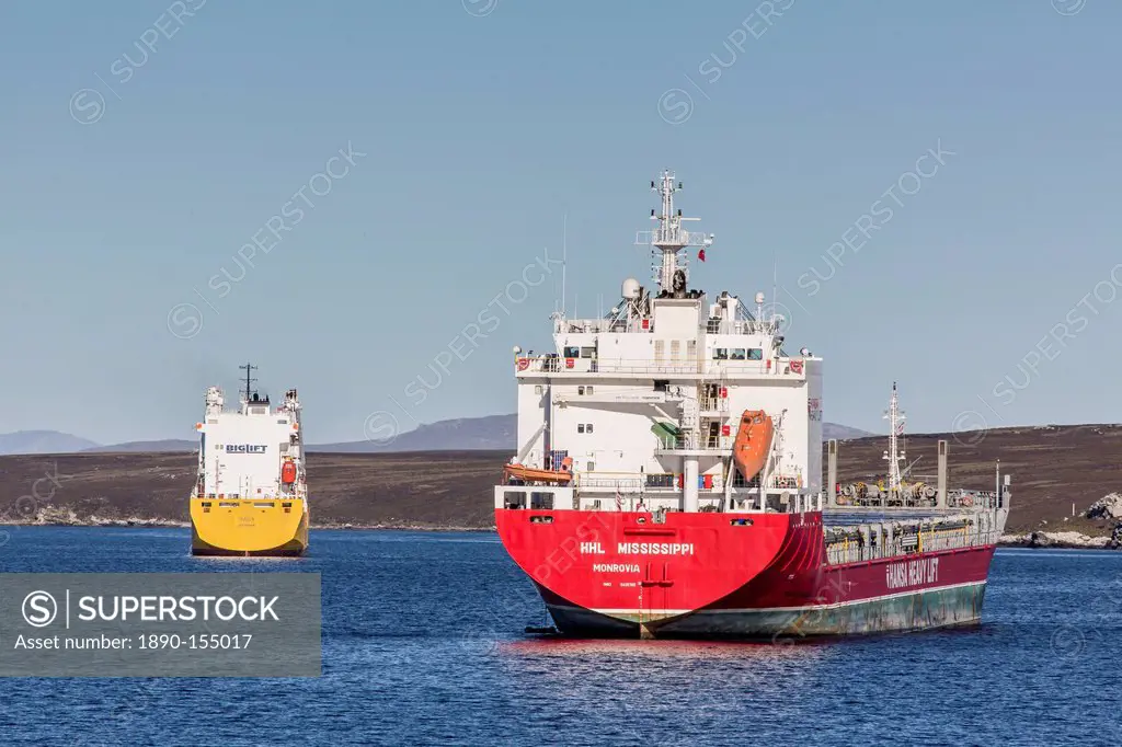 Commercial container ship in the port of Stanley, East Falkland Island, South Atlantic Ocean, South America
