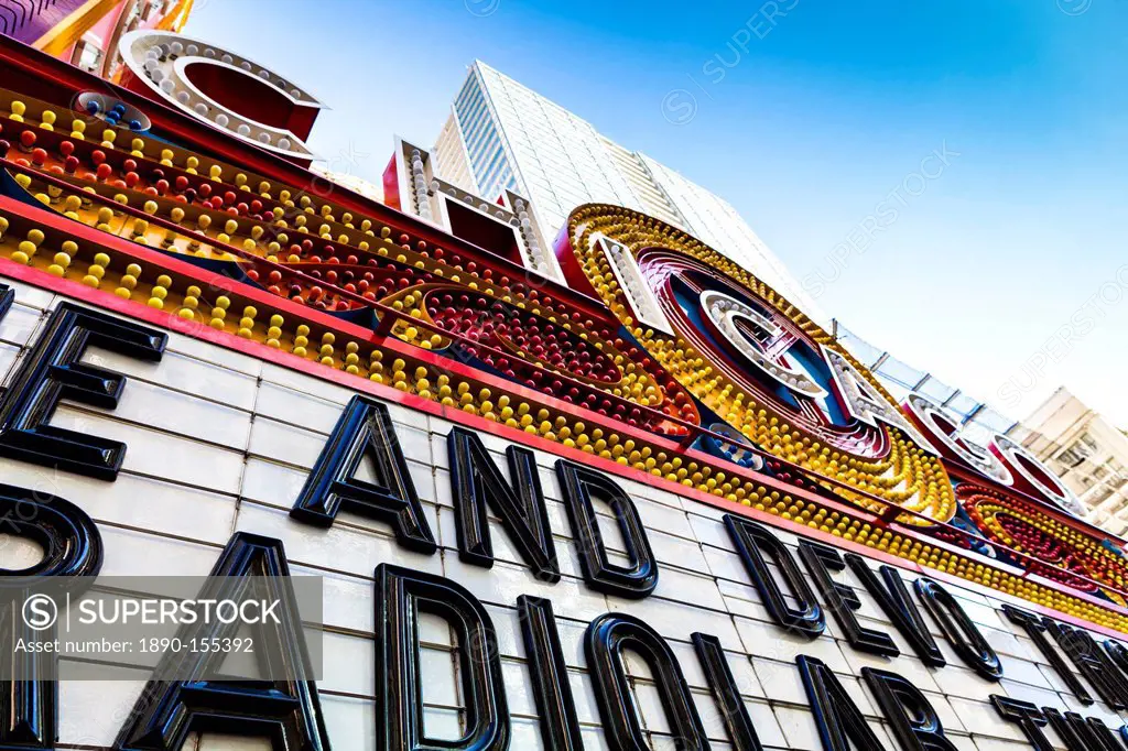Close up of Chicago Theatre marquee, Chicgo, Illinois, United States of America, North America
