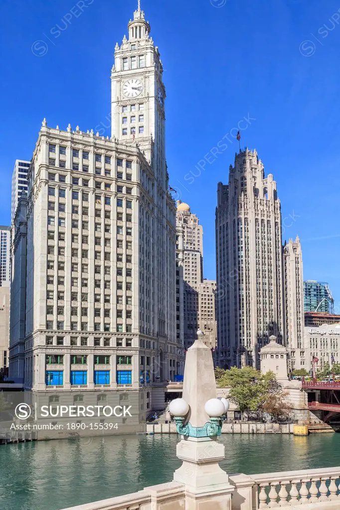 The Wrigley Building and Tribune Tower by the Chicago River, Chicago, Illinois, United States of America, North America