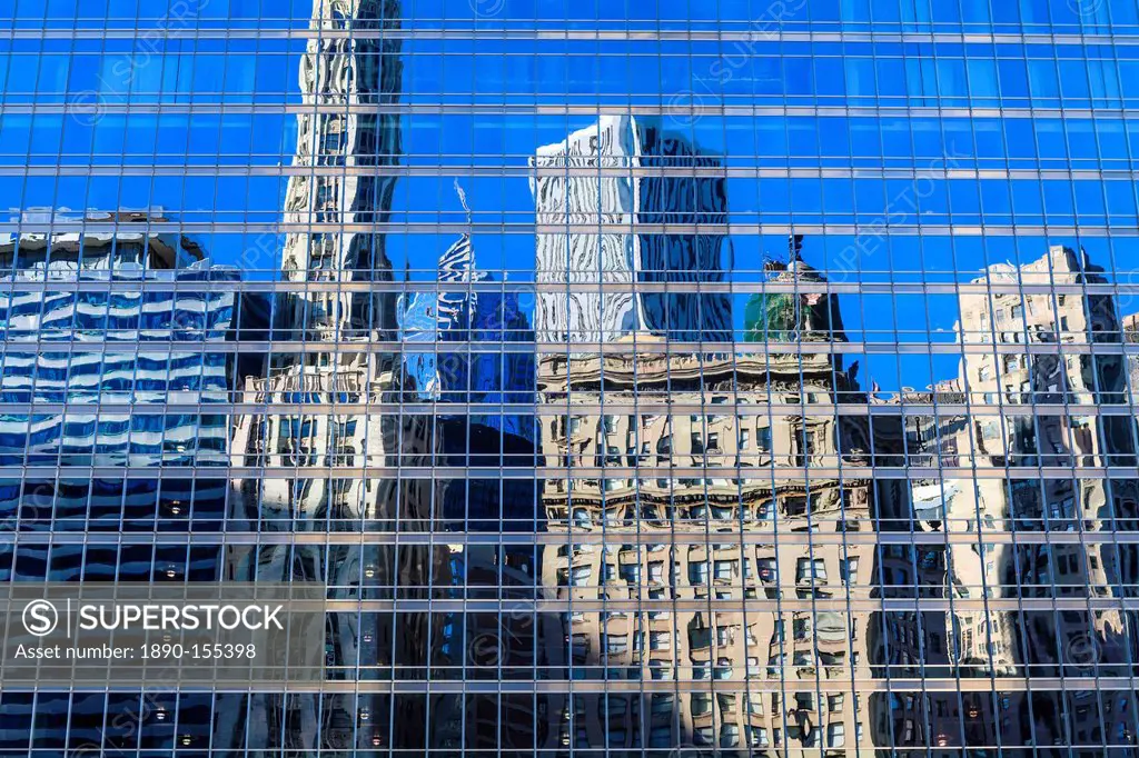 Buildings on West Wacker Drive reflected in the Trump Tower, Chicago, Illinois, United States of America, North America