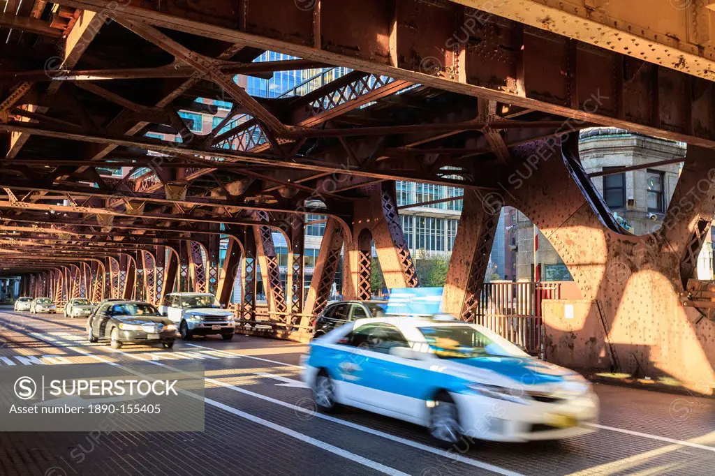 Traffic crossing Wells Street Bridge over the Chicago River, Chicago, Illinois, United States of America, North America