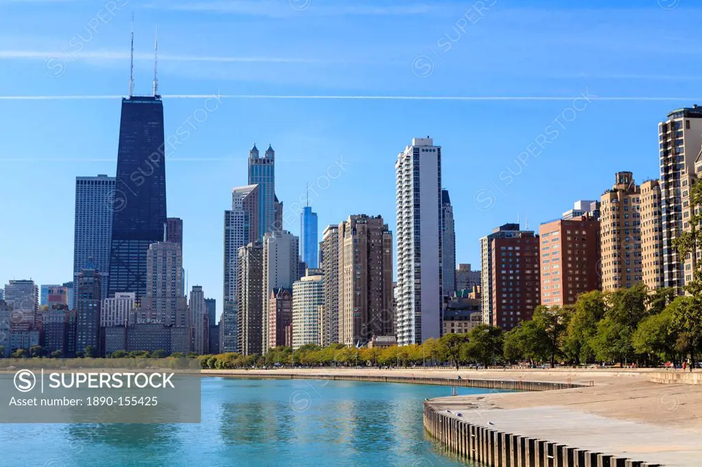 Chicago cityscape from North Avenue Beach, John Hancock Center on the left, Chicago, Illinois, United States of America, North America