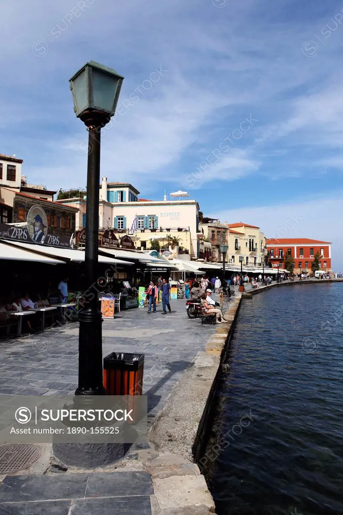 Bars and restaurants around the Venetian harbour of the Mediterranean port of Chania Canea, Crete, Greek Islands, Greece, Europe