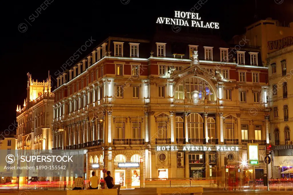 The Hotel Avenida Palace, at night, on the Avenida de Liberdade, at Restauradores Square, Baixa, Lisbon, Portugal, Europe