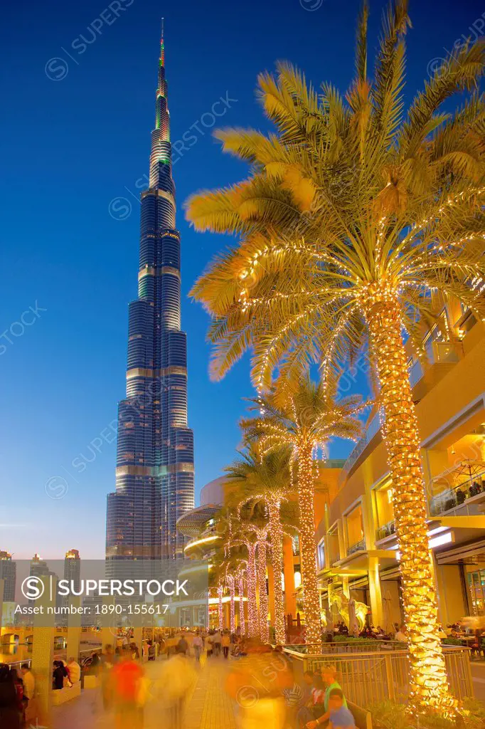 Burj Khalifa and Dubai Mall at dusk, Dubai, United Arab Emirates, Middle East