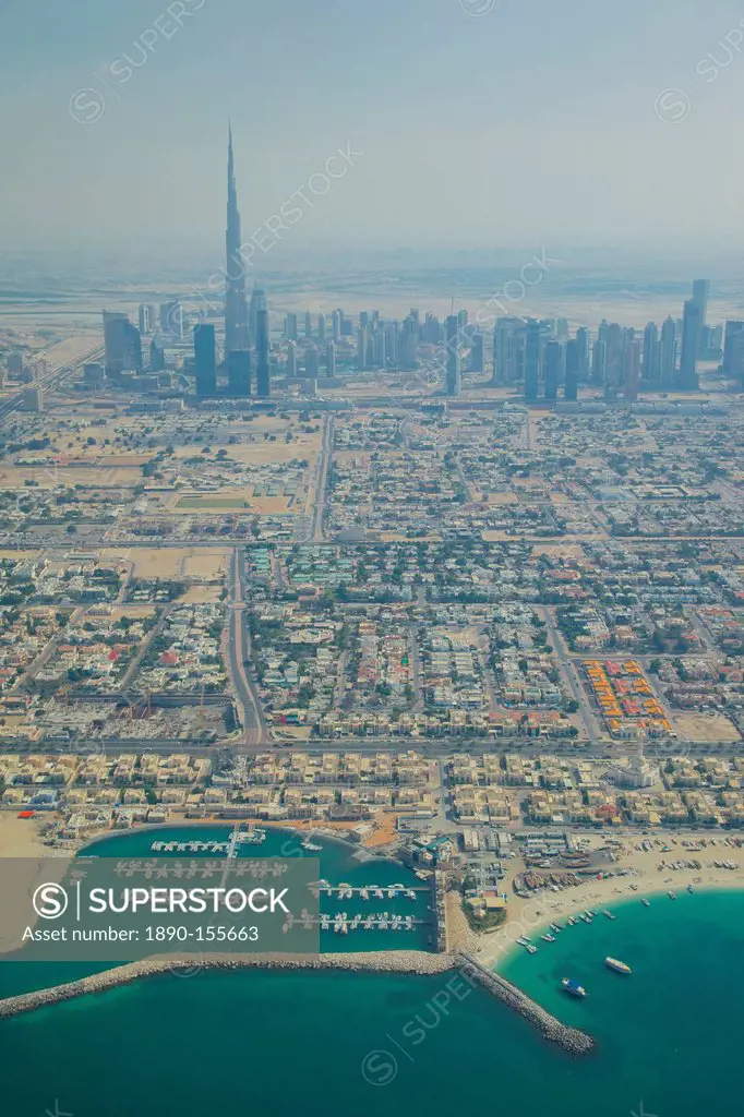 View of city skyline and Dubai Beach from seaplane, Dubai, United Arab Emirates, Middle East