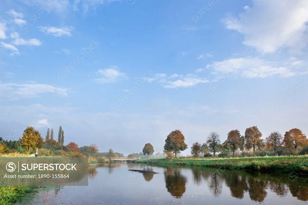 The River Mark in autumn, Mark Bridge Brug in the distance, from the Belgium_Holland border, Meersel Dreef, Belgium, Europe
