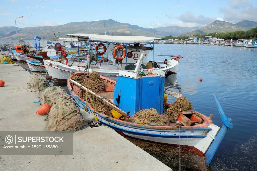 Traditional wooden fishing boats moored in Skala Kalloni harbour, Lesbos Lesvos, Greek Islands, Greece, Europe