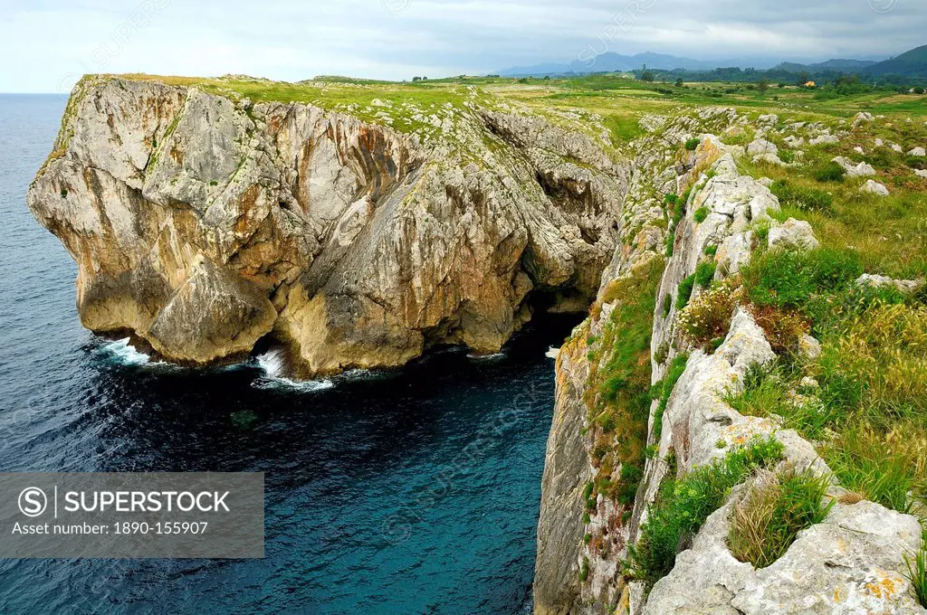 Karst limestone sea cliffs at Pria, with Picos de Europa mountains in the background, near Llanes, Asturias, Spain, Europe
