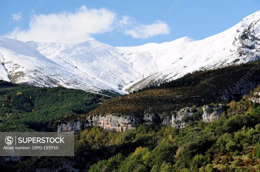 Limestone escarpments above Escuain gorge with snow covered high Pyrenees peaks in the background, Huesca, Aragon, Spain, Europe