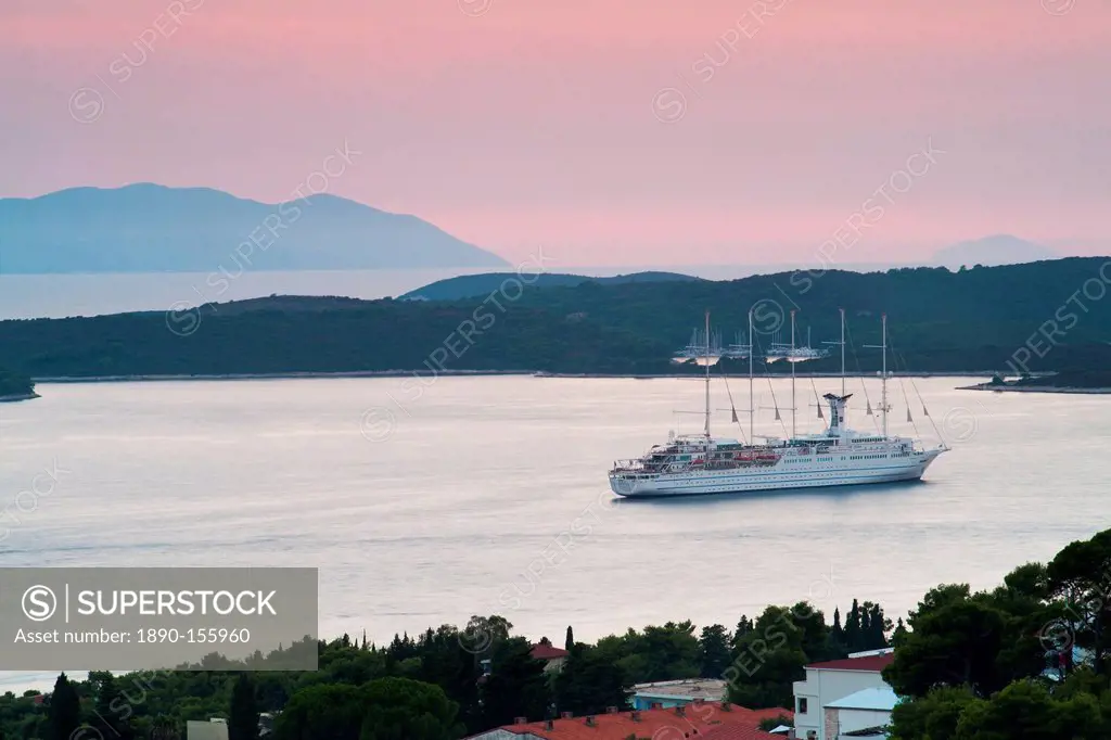 Mediterranean cruise ship at sunset, Hvar Town, Hvar Island, Dalmatian Coast, Adriatic, Croatia, Europe