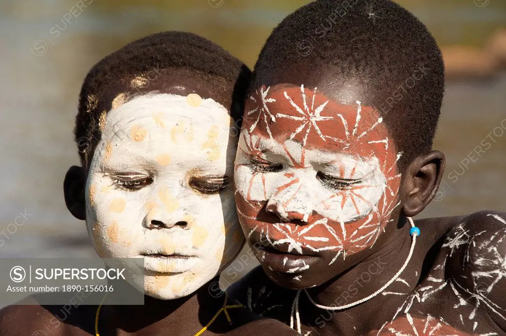 Portrait of two Surma boys with body paintings, Kibish, Omo River Valley, Ethiopia, Africa