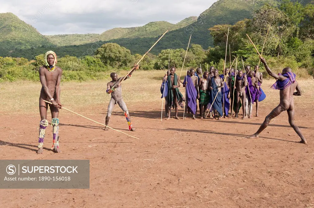 Donga stick fighters, Surma tribe, Tulgit, Omo River Valley, Ethiopia, Africa