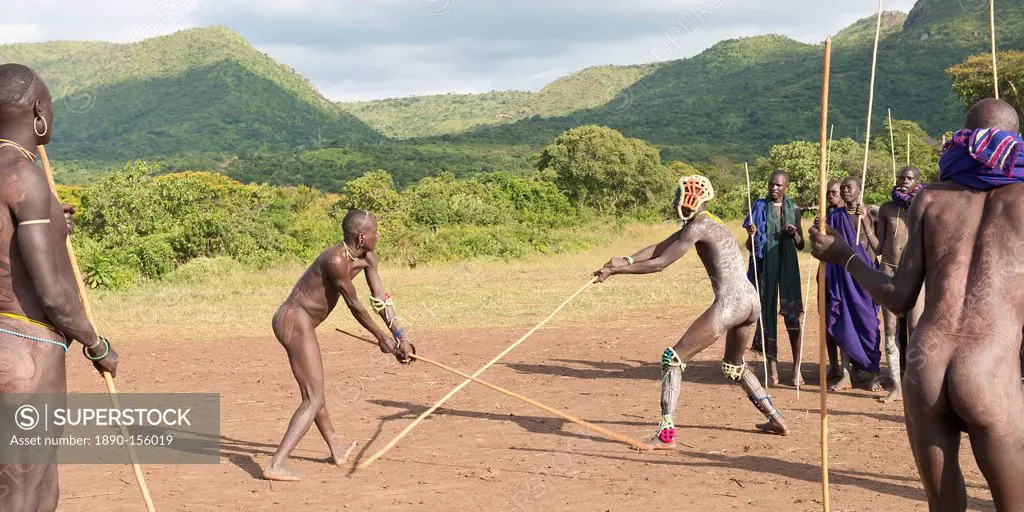 Donga stick fighters, Surma tribe, Tulgit, Omo River Valley, Ethiopia, Africa