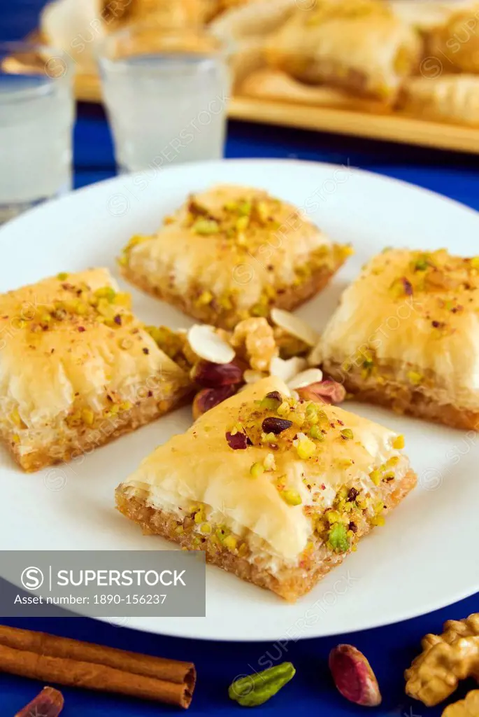 Baklava, filo pastry with honey and pistachios, Greece, Europe